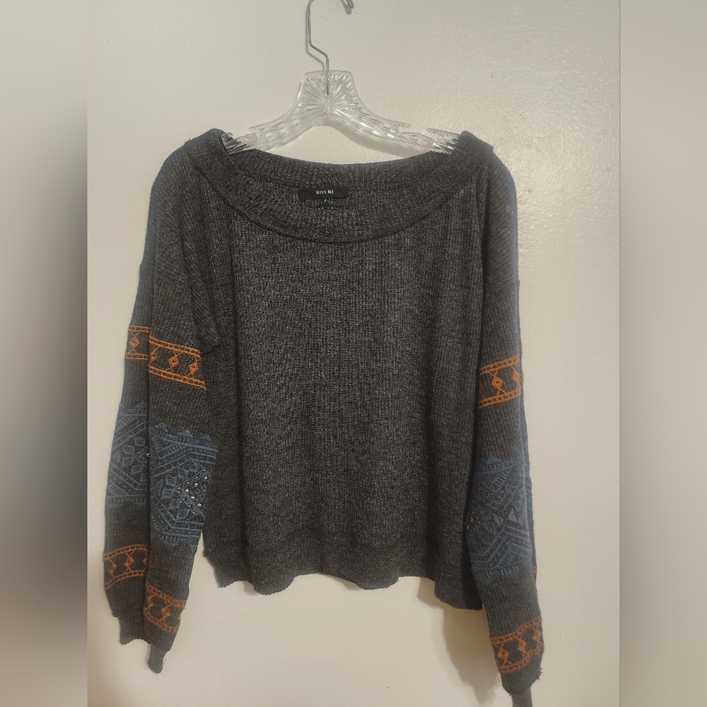 Miss Me Charcoal Sweater with Denim and Rust Details